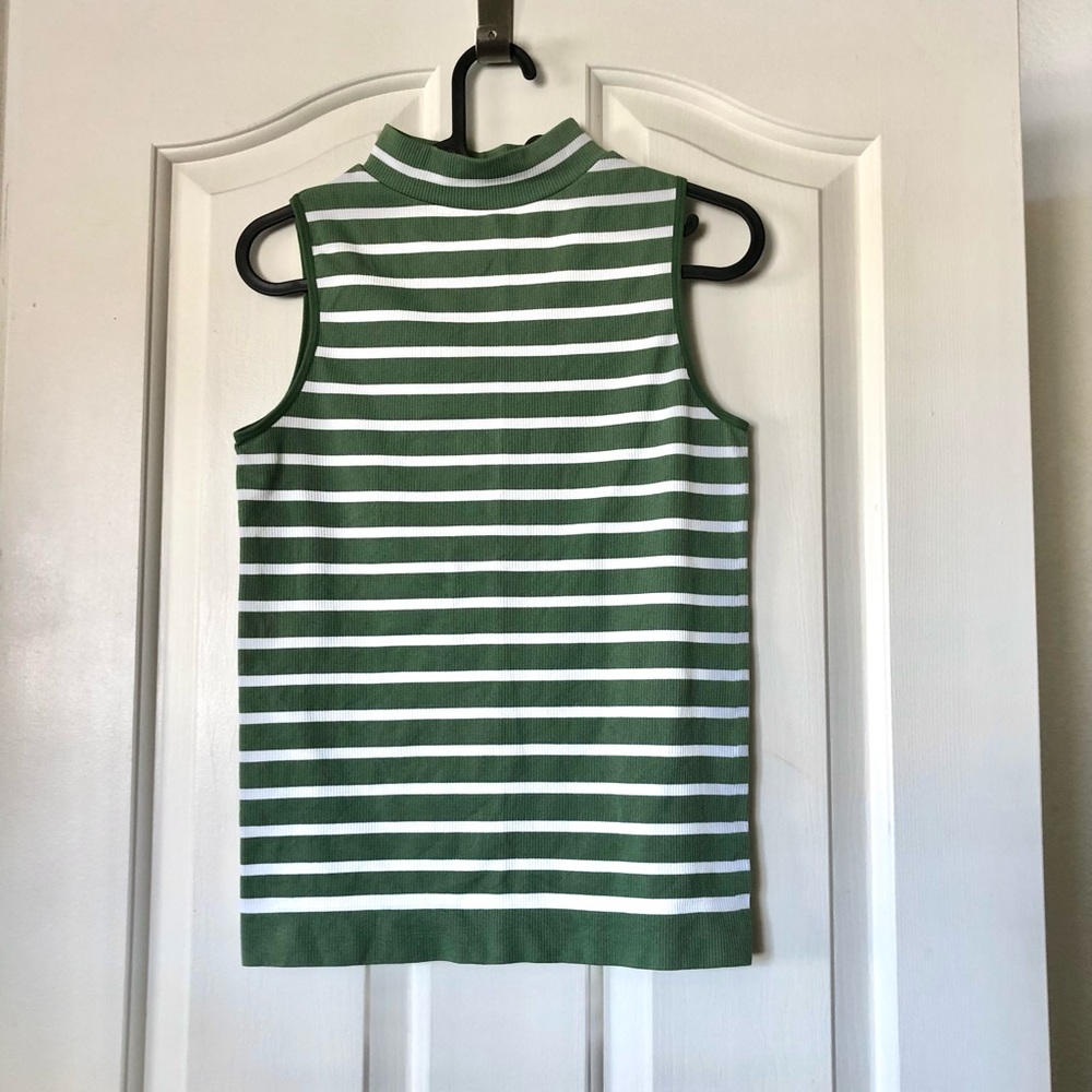 NWOT Sleeveless Green & White Striped Mock Neck Top
